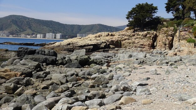 Scenic view of rocky beach against sky