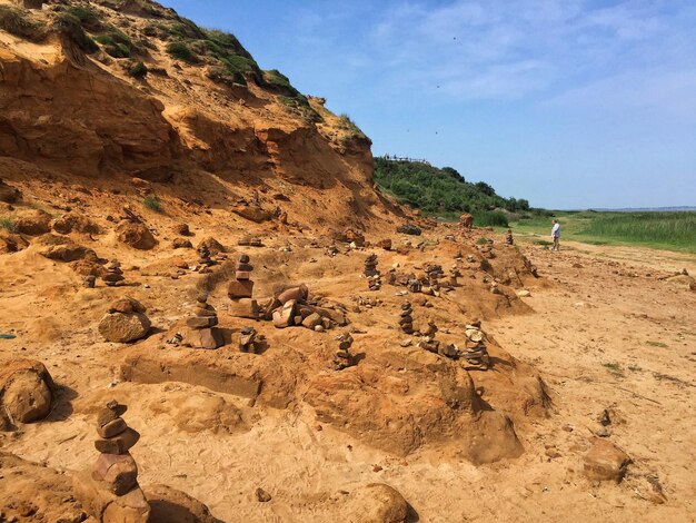 Scenic view of rocky beach against sky