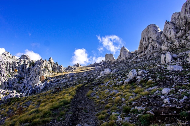 Scenic view of rocky mountains against blue sky