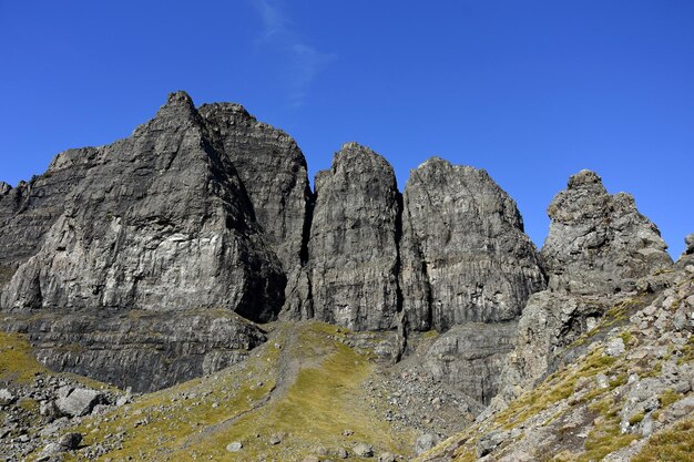 Scenic view of rocky mountains against blue sky