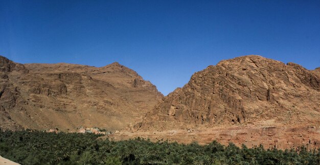 Scenic view of rocky mountains against clear blue sky