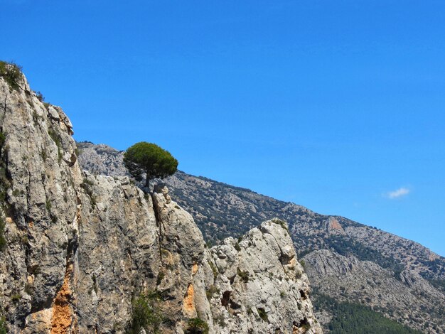 Scenic view of rocky mountains against clear blue sky