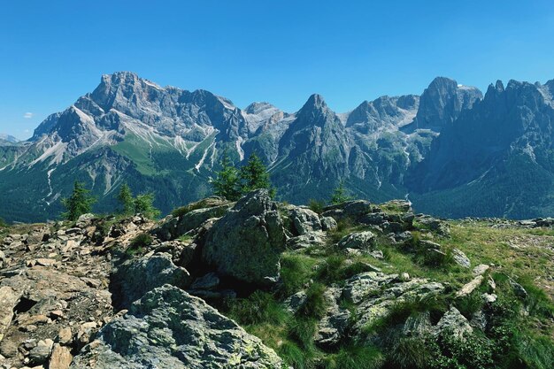 Scenic view of rocky mountains against clear sky