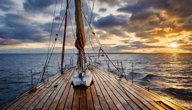 scenic view of sailboat with wooden deck and mast with rope floating on rippling dark sea against cl...