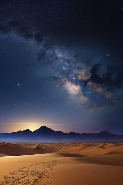 Scenic view of sandy desert under starry sky in nigh