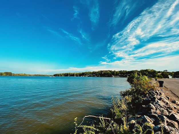 Scenic view of sea against blue sky