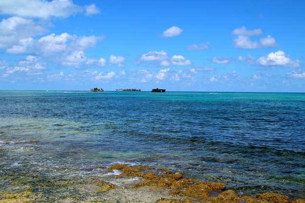 Scenic view of sea against blue sky