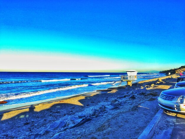 Scenic view of sea against blue sky