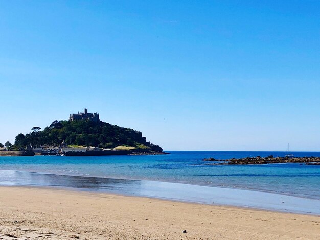 Scenic view of sea against clear blue sky