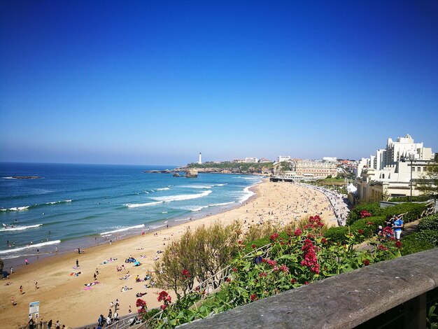 Scenic view of sea against clear blue sky