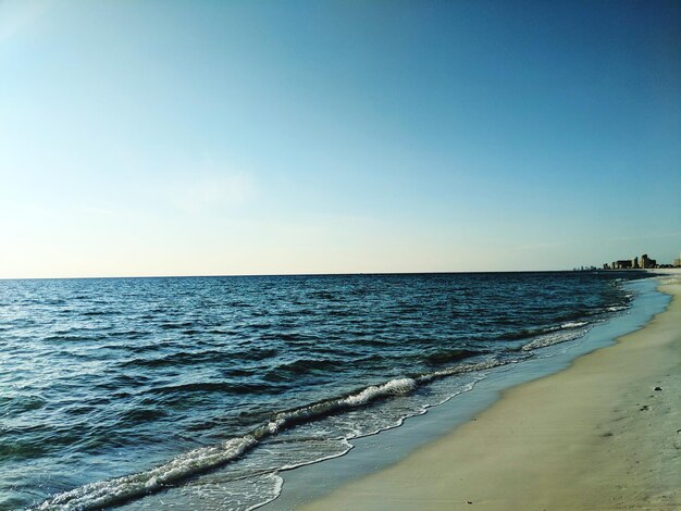 Scenic view of sea against clear blue sky