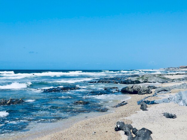 Scenic view of sea against clear blue sky