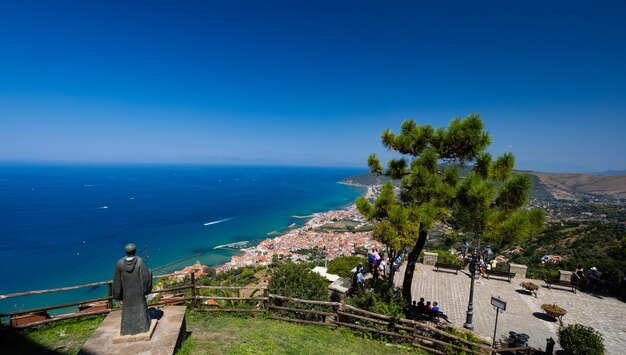 Scenic view of sea against clear blue sky