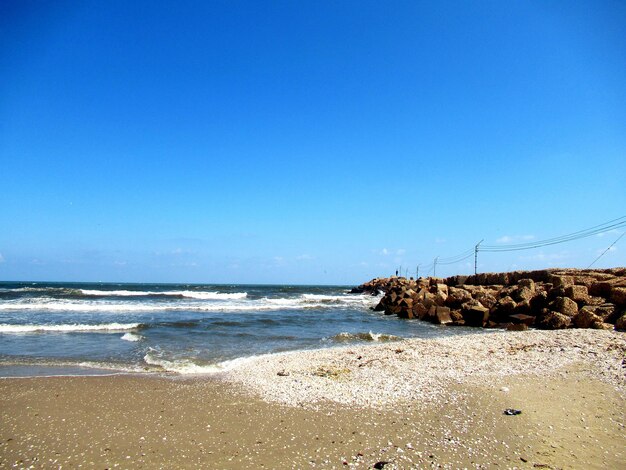 Scenic view of sea against clear blue sky