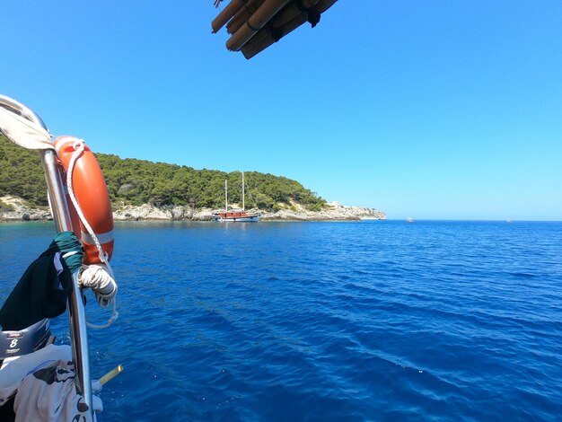 Scenic view of sea against clear blue sky