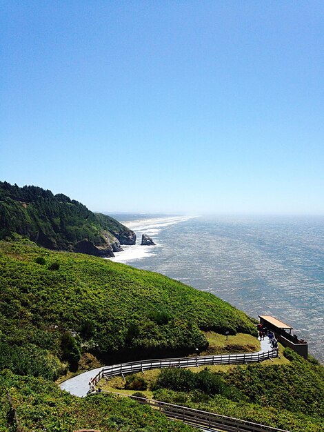 Scenic view of sea against clear blue sky