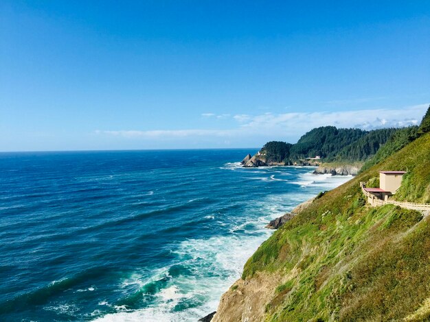 Scenic view of sea against clear blue sky