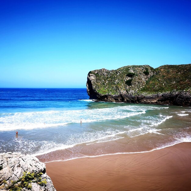 Scenic view of sea against clear blue sky