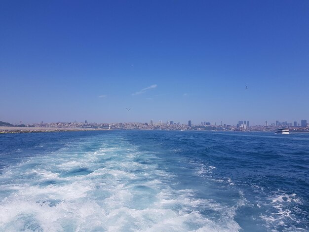 Scenic view of sea against clear blue sky