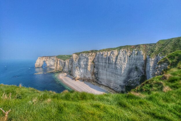 Scenic view of sea against clear blue sky