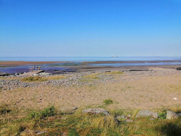 Scenic view of sea against clear blue sky