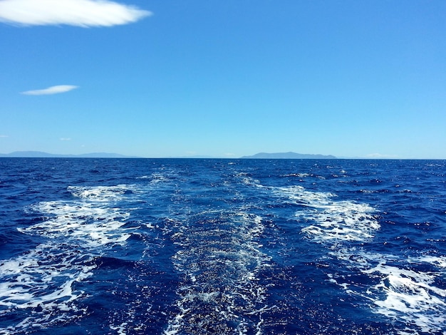 Scenic view of sea against clear blue sky