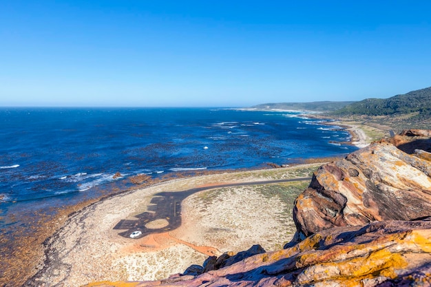 Scenic view of sea against clear blue sky