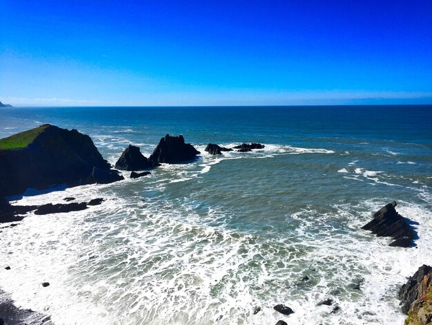 Scenic view of sea against clear blue sky