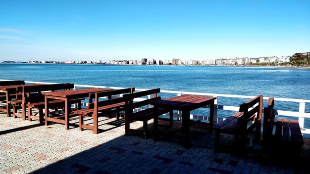 Scenic view of sea against clear blue sky