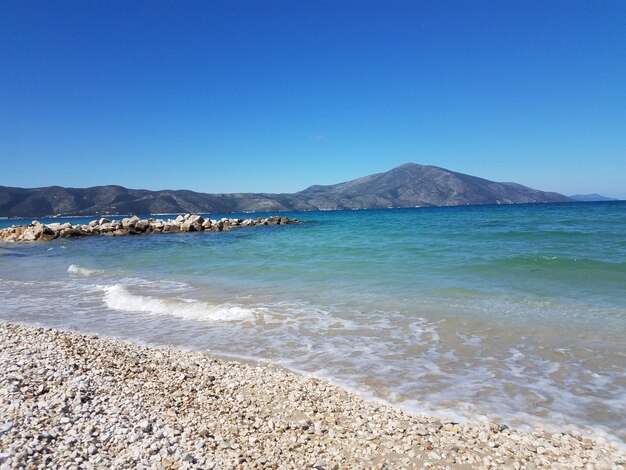 Scenic view of sea against clear blue sky