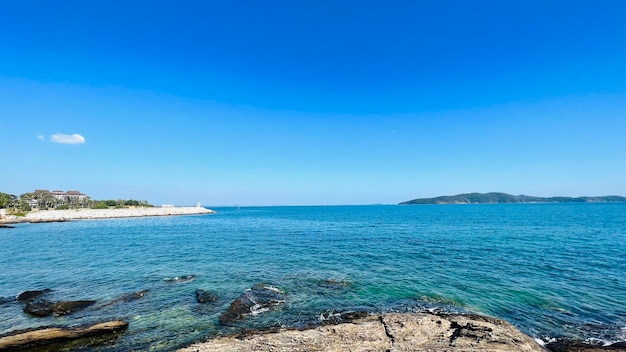 Scenic view of sea against clear blue sky