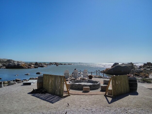 Scenic view of sea against clear blue sky