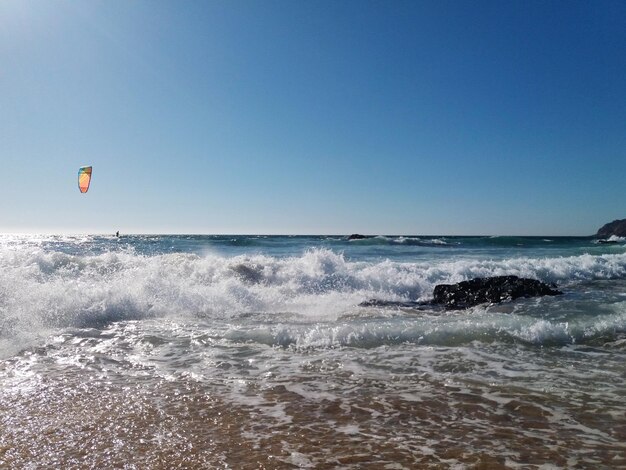 Scenic view of sea against clear blue sky