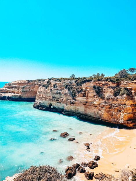 Scenic view of sea against clear blue sky