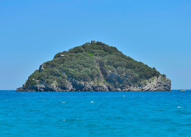 Scenic view of sea against clear blue sky