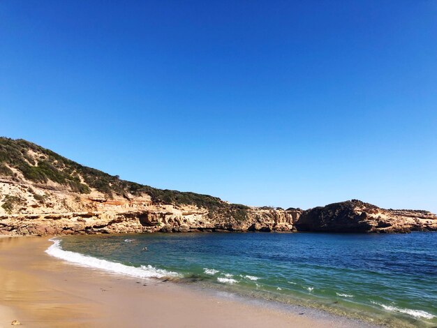 Scenic view of sea against clear blue sky