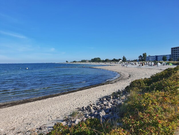 Scenic view of sea against clear blue sky