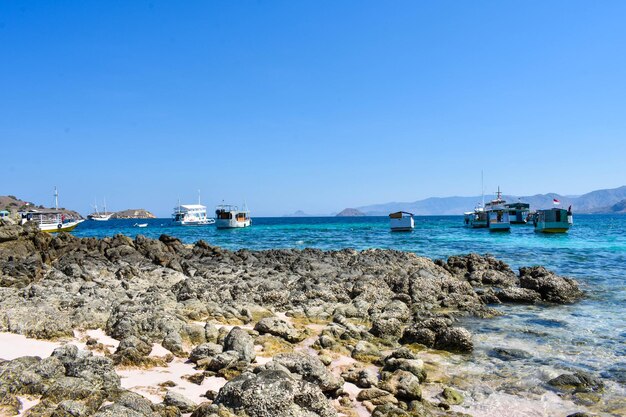 Scenic view of sea against clear blue sky