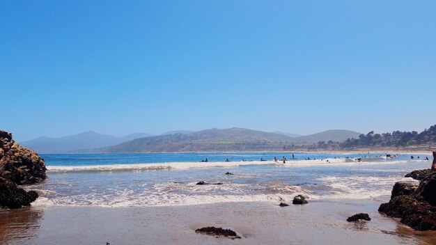 Scenic view of sea against clear blue sky