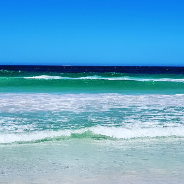 Scenic view of sea against clear blue sky