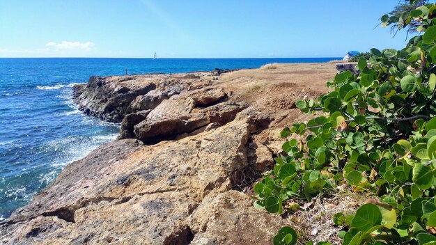 Scenic view of sea against clear blue sky