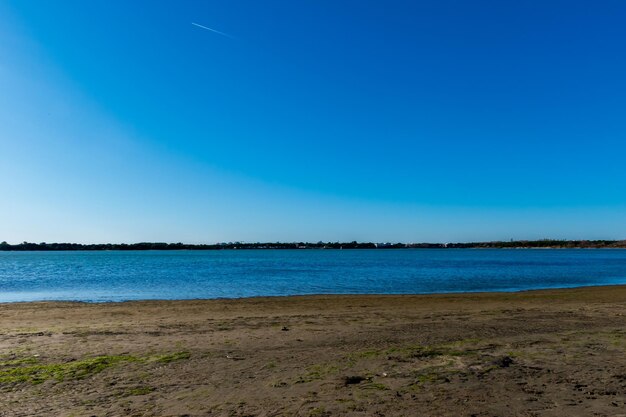 Scenic view of sea against clear blue sky