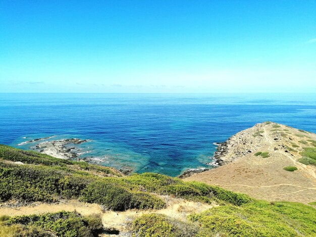 Scenic view of sea against clear blue sky