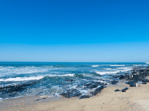 Scenic view of sea against clear blue sky