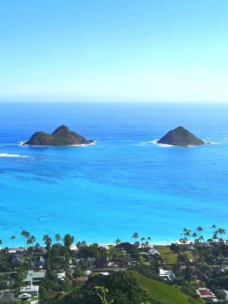 Scenic view of sea against clear blue sky