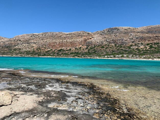 Scenic view of sea against clear blue sky