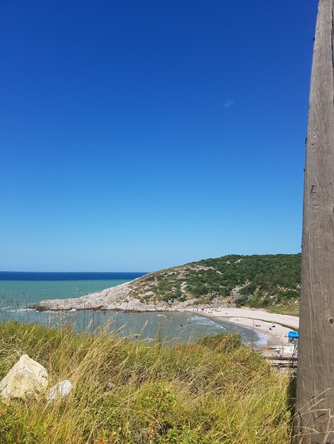 Scenic view of sea against clear blue sky