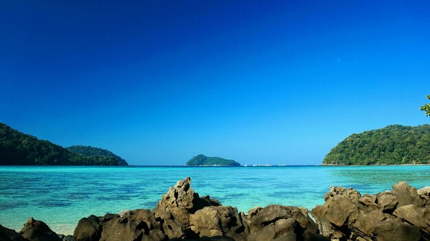 Scenic view of sea against clear blue sky