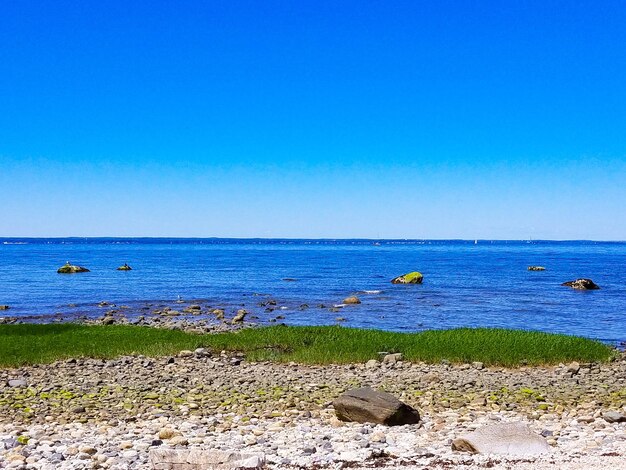 Scenic view of sea against clear blue sky