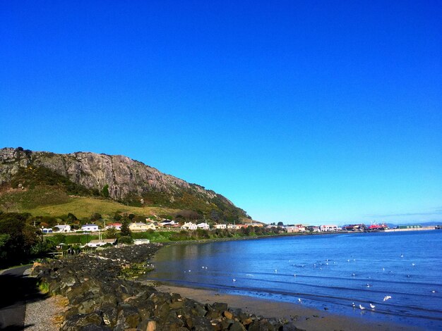 Scenic view of sea against clear blue sky